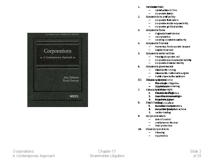 1. Fundamentals 2. Corporations and policy 3. Corporate form 4. Corporate finance 5. Corporate