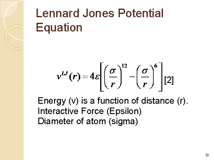 Lennard Jones Potential Equation [2] Energy (v) is a function of distance (r). Interactive