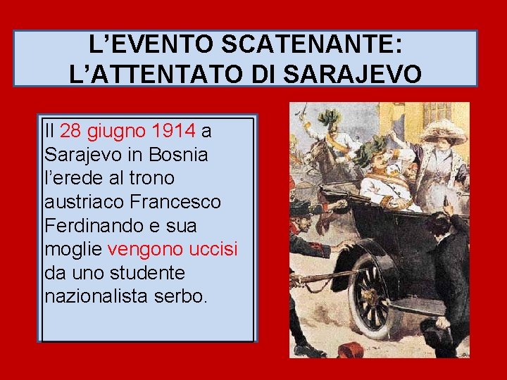 L’EVENTO SCATENANTE: L’ATTENTATO DI SARAJEVO Il 28 giugno 1914 a Sarajevo in Bosnia l’erede