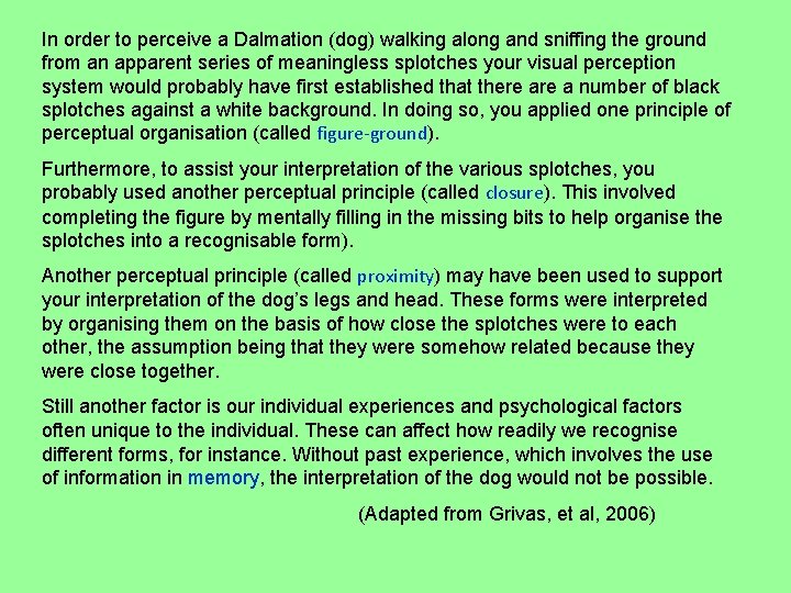 In order to perceive a Dalmation (dog) walking along and sniffing the ground from