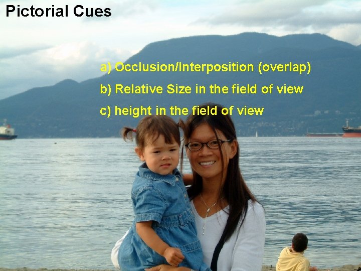 Pictorial Cues a) Occlusion/Interposition (overlap) b) Relative Size in the field of view c)