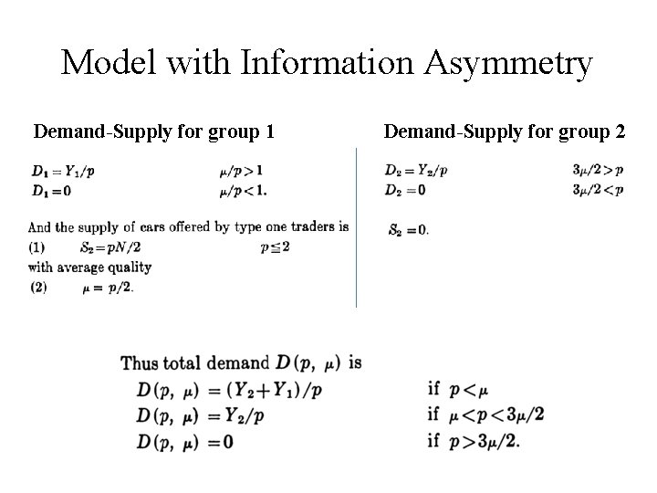 Model with Information Asymmetry Demand-Supply for group 1 Demand-Supply for group 2 Model with Information Asymmetry Demand-Supply for group 1 Demand-Supply for group 2