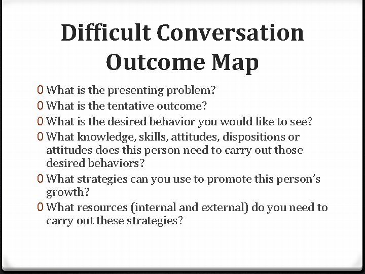 Difficult Conversation Outcome Map 0 What is the presenting problem? 0 What is the