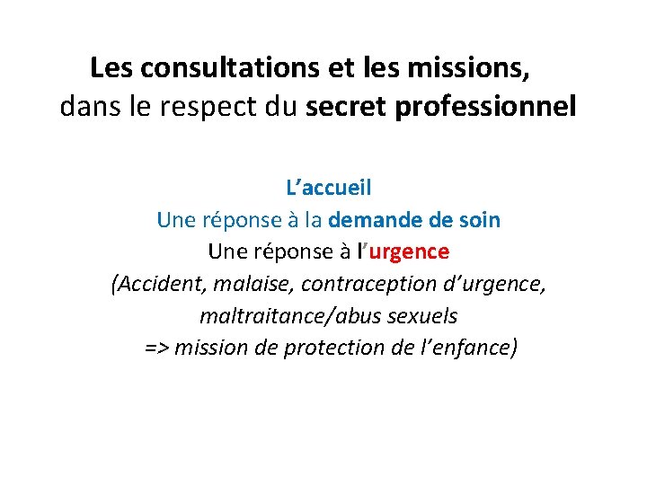 Les consultations et les missions, dans le respect du secret professionnel L’accueil Une réponse