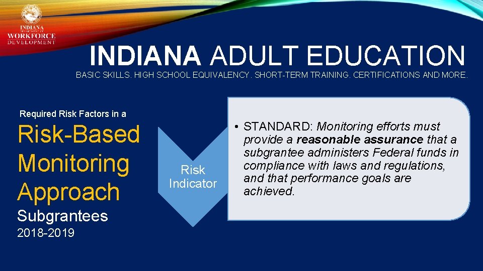INDIANA ADULT EDUCATION BASIC SKILLS. HIGH SCHOOL EQUIVALENCY. SHORT-TERM TRAINING. CERTIFICATIONS AND MORE. Required