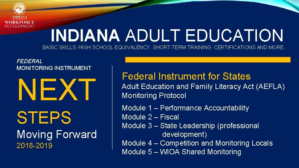 INDIANA ADULT EDUCATION BASIC SKILLS. HIGH SCHOOL EQUIVALENCY. SHORT-TERM TRAINING. CERTIFICATIONS AND MORE. FEDERAL