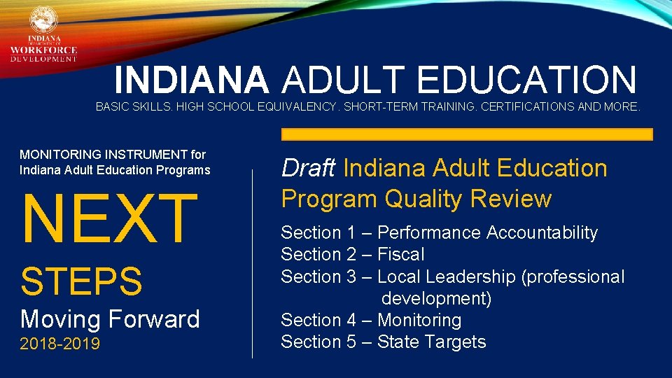 INDIANA ADULT EDUCATION BASIC SKILLS. HIGH SCHOOL EQUIVALENCY. SHORT-TERM TRAINING. CERTIFICATIONS AND MORE. MONITORING