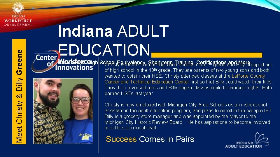 Meet Christy & Billy Greene Indiana ADULT EDUCATION Basic Skills. High School Equivalency. Short-term