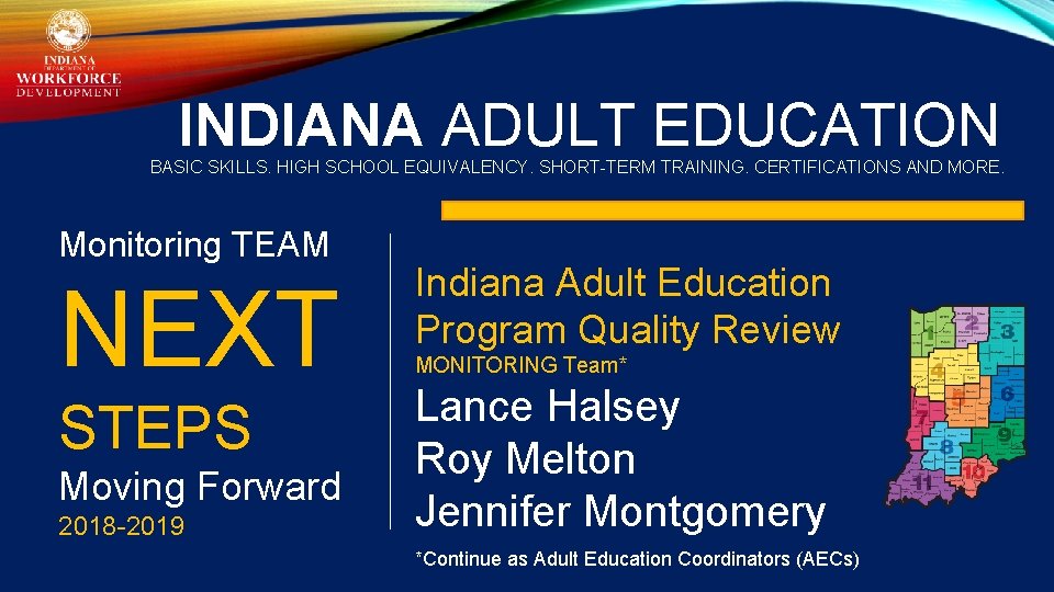 INDIANA ADULT EDUCATION BASIC SKILLS. HIGH SCHOOL EQUIVALENCY. SHORT-TERM TRAINING. CERTIFICATIONS AND MORE. Monitoring