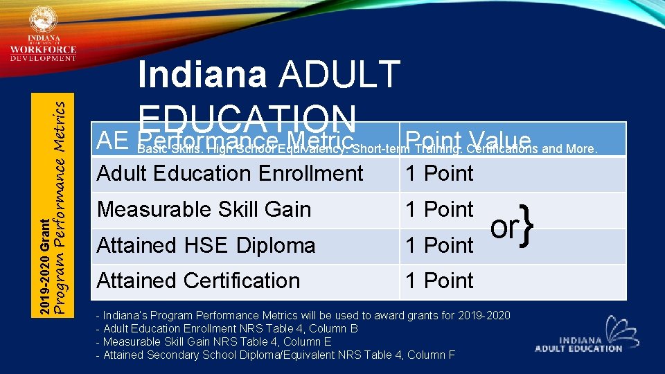 Program Performance Metrics 2019 -2020 Grant Indiana ADULT EDUCATION AE Performance Metric Point Value