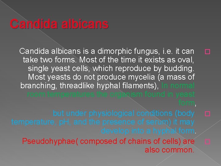 Candida albicans is a dimorphic fungus, i. e. it can � take two forms.