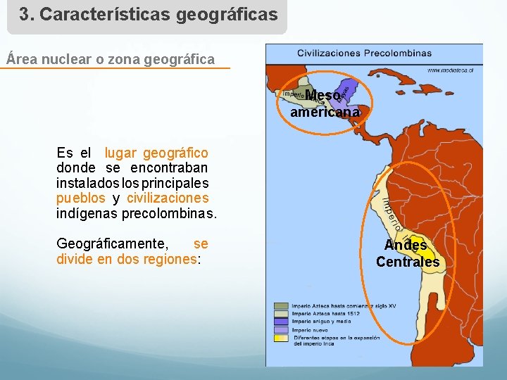 3. Características geográficas Área nuclear o zona geográfica Meso americana Es el lugar geográfico