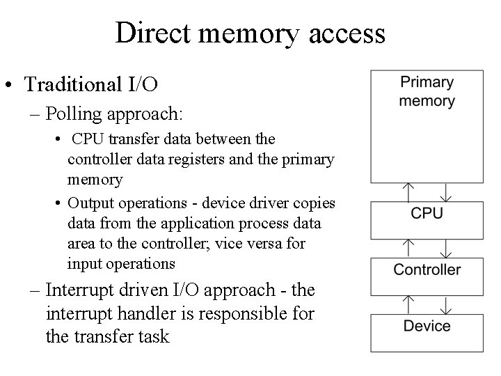 Direct memory access • Traditional I/O – Polling approach: • CPU transfer data between