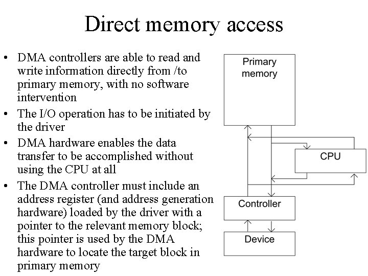 Direct memory access • DMA controllers are able to read and write information directly