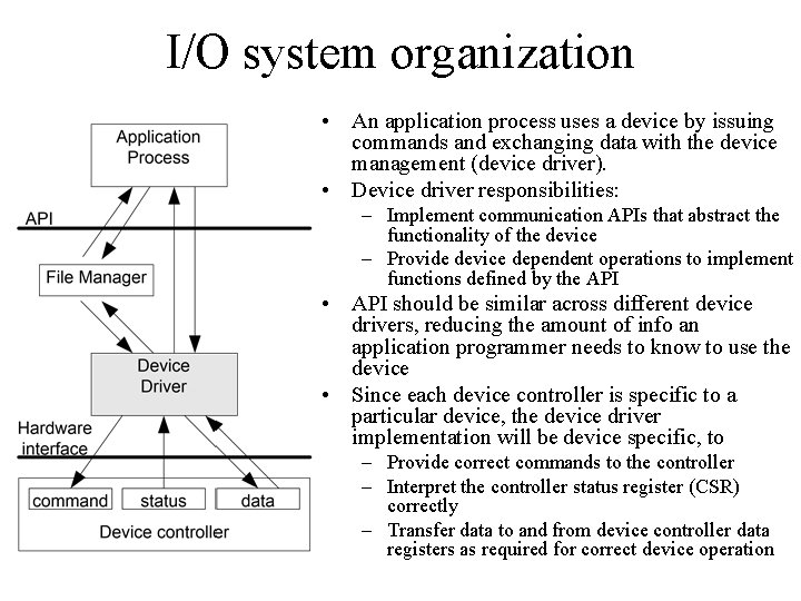 I/O system organization • An application process uses a device by issuing commands and