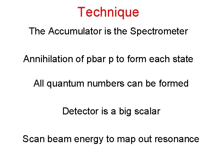 Technique The Accumulator is the Spectrometer Annihilation of pbar p to form each state