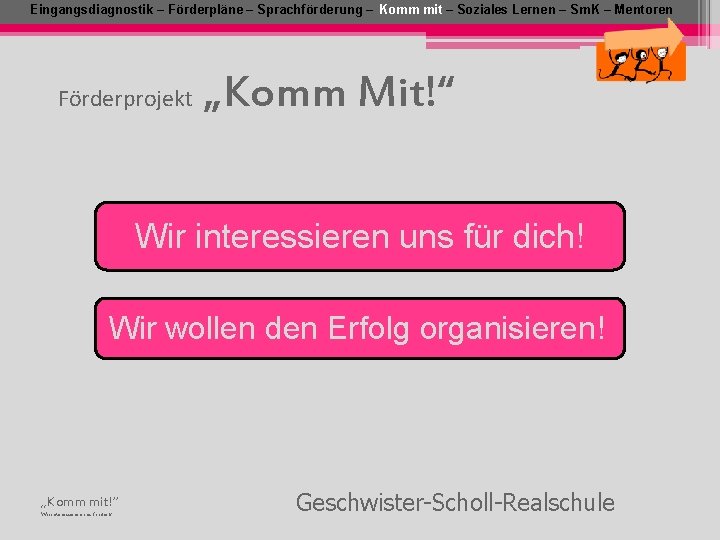 Eingangsdiagnostik – Förderpläne – Sprachförderung – Komm mit – Soziales Lernen – Sm. K