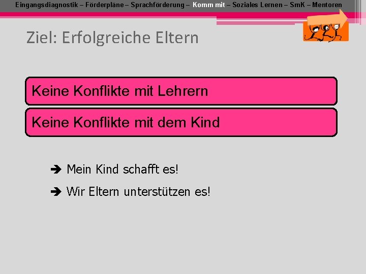 Eingangsdiagnostik – Förderpläne – Sprachförderung – Komm mit – Soziales Lernen – Sm. K