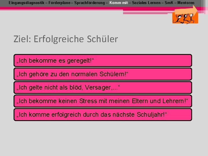 Eingangsdiagnostik – Förderpläne – Sprachförderung – Komm mit – Soziales Lernen – Sm. K