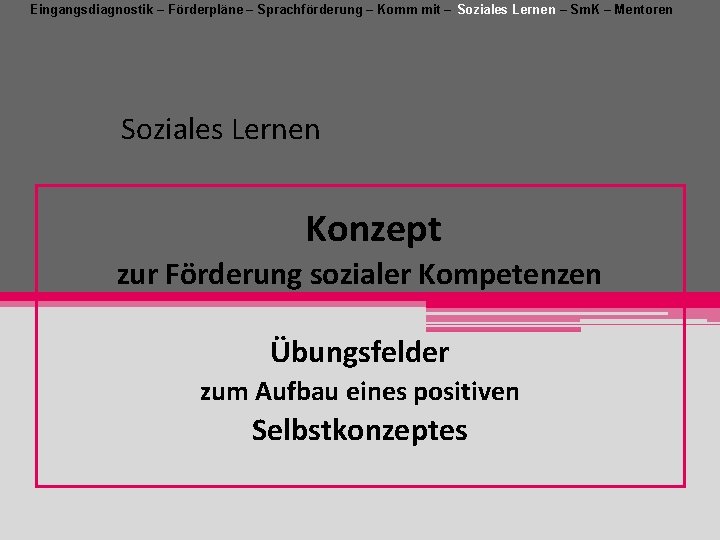 Eingangsdiagnostik – Förderpläne – Sprachförderung – Komm mit – Soziales Lernen – Sm. K