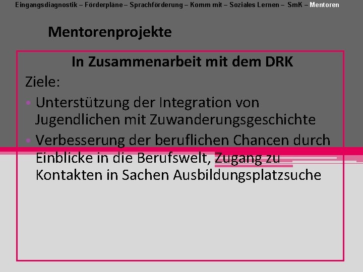 Eingangsdiagnostik – Förderpläne – Sprachförderung – Komm mit – Soziales Lernen – Sm. K