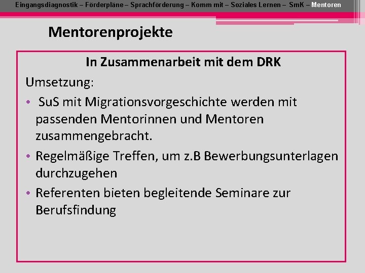 Eingangsdiagnostik – Förderpläne – Sprachförderung – Komm mit – Soziales Lernen – Sm. K