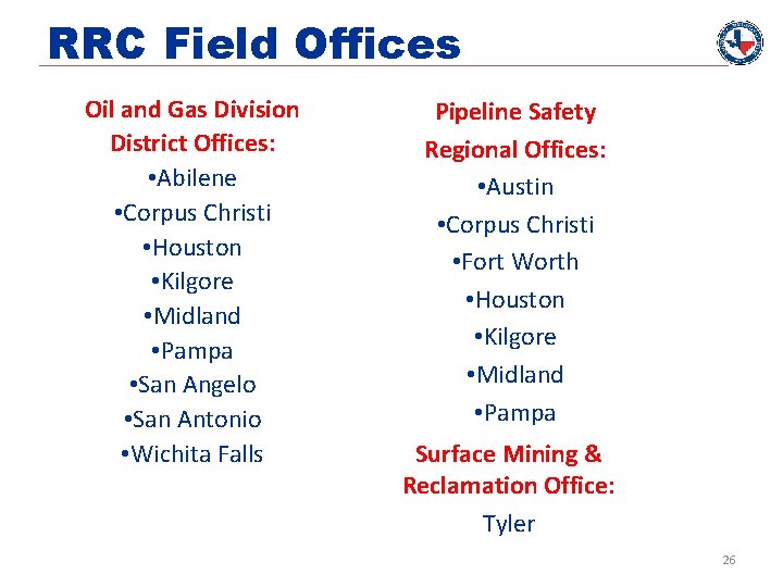 RRC Field Offices Oil and Gas Division District Offices: • Abilene • Corpus Christi