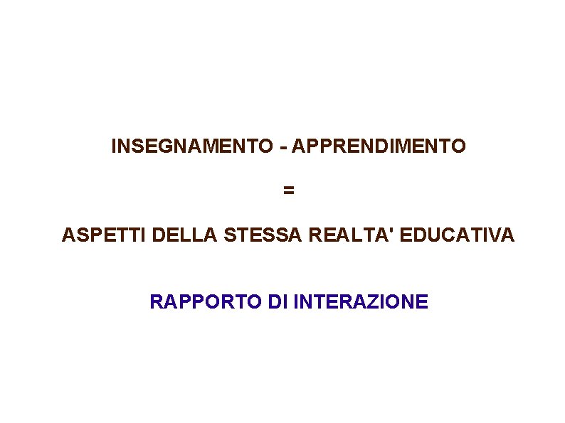 INSEGNAMENTO - APPRENDIMENTO = ASPETTI DELLA STESSA REALTA' EDUCATIVA RAPPORTO DI INTERAZIONE 