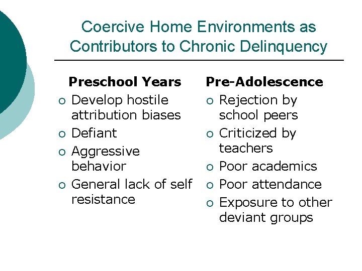 Coercive Home Environments as Contributors to Chronic Delinquency Preschool Years ¡ Develop hostile attribution