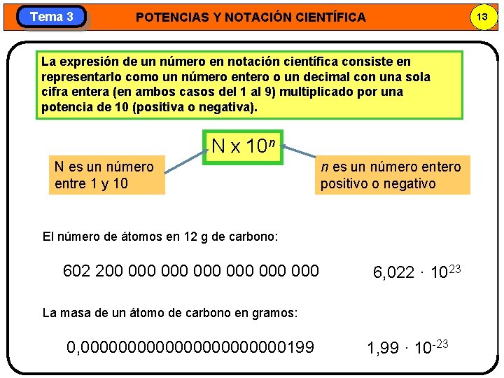 Tema 3 POTENCIAS Y NOTACIÓN CIENTÍFICA 13 La expresión de un número en notación