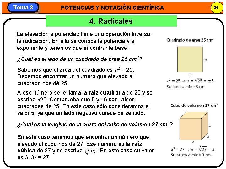 Tema 3 POTENCIAS Y NOTACIÓN CIENTÍFICA 4. Radicales La elevación a potencias tiene una