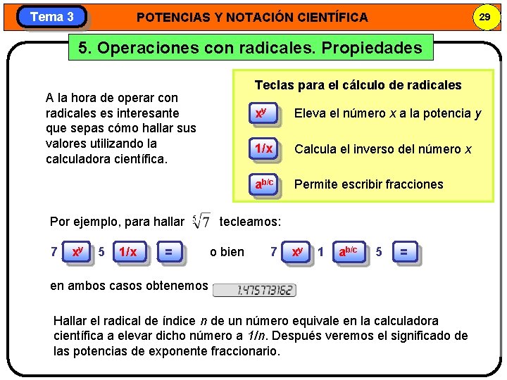 Tema 3 POTENCIAS Y NOTACIÓN CIENTÍFICA 29 5. Operaciones con radicales. Propiedades Teclas para