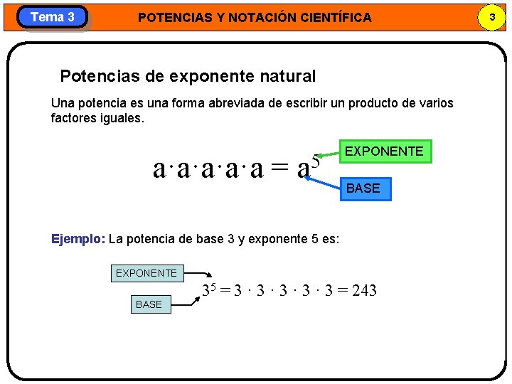 Tema 3 POTENCIAS Y NOTACIÓN CIENTÍFICA Potencias de exponente natural Una potencia es una