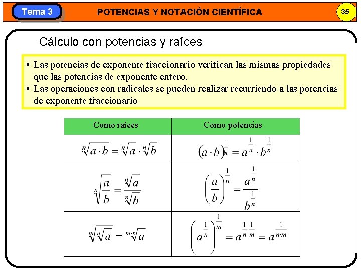 Tema 3 POTENCIAS Y NOTACIÓN CIENTÍFICA Cálculo con potencias y raíces • Las potencias