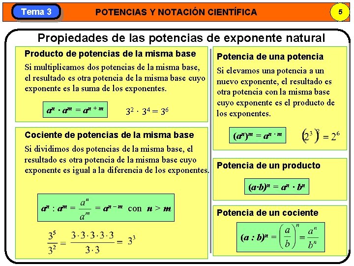 Tema 3 POTENCIAS Y NOTACIÓN CIENTÍFICA Propiedades de las potencias de exponente natural Producto