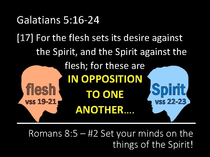 Galatians 5: 16 -24 [17] For the flesh sets its desire against the Spirit,