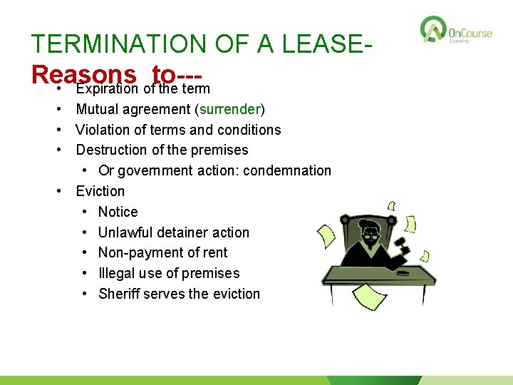 TERMINATION OF A LEASEReasons to-- • Expiration of the term • Mutual agreement (surrender)