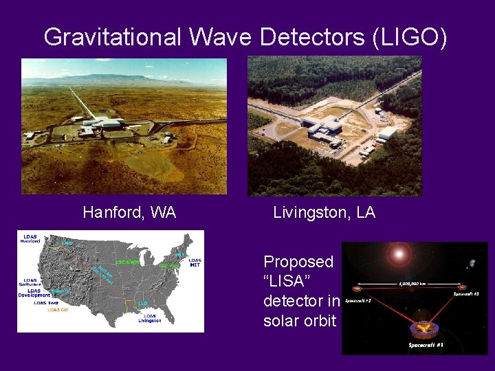 Gravitational Wave Detectors (LIGO) Hanford, WA Livingston, LA Proposed “LISA” detector in solar orbit