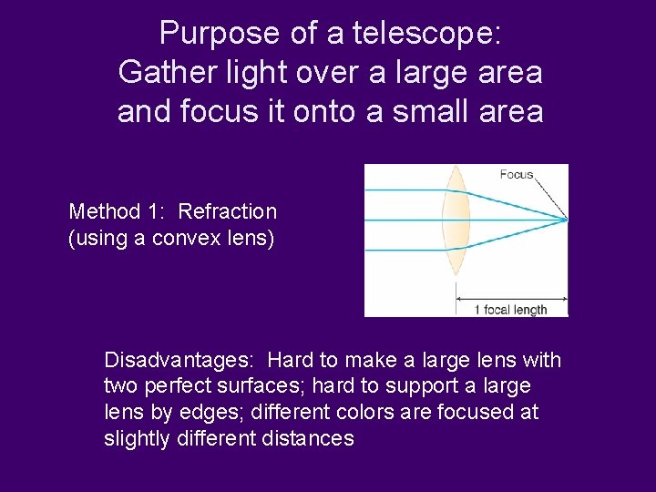 Purpose of a telescope: Gather light over a large area and focus it onto