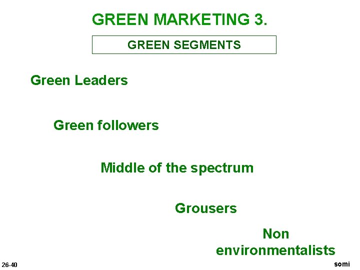 GREEN MARKETING 3. GREEN SEGMENTS Green Leaders Green followers Middle of the spectrum Grousers