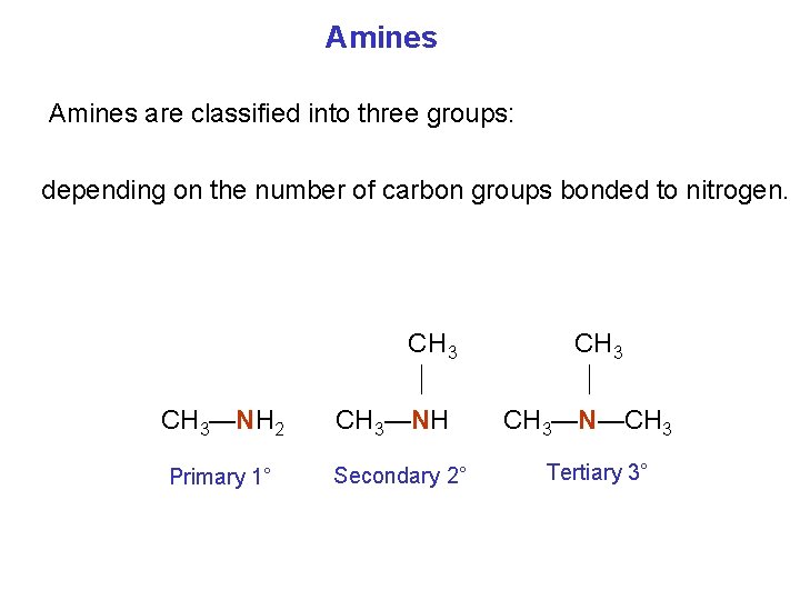 Amines are classified into three groups: depending on the number of carbon groups bonded