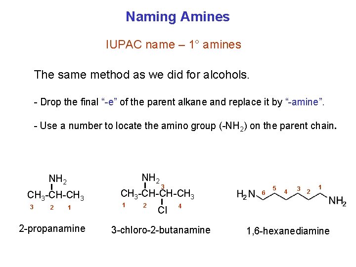 Naming Amines IUPAC name – 1° amines The same method as we did for