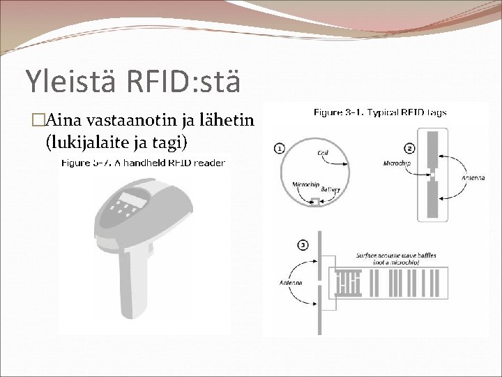 Yleistä RFID: stä �Aina vastaanotin ja lähetin (lukijalaite ja tagi) 