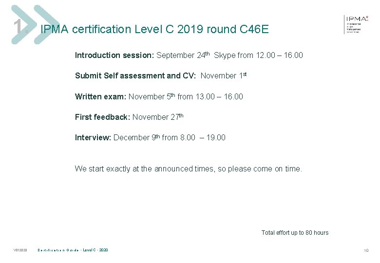 1. IPMA certification Level C 2019 round C 46 E Introduction session: September 24