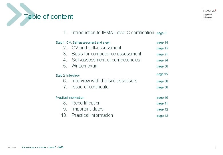 Table of content 1. Introduction to IPMA Level C certification Step 1: CV, Self-assessment
