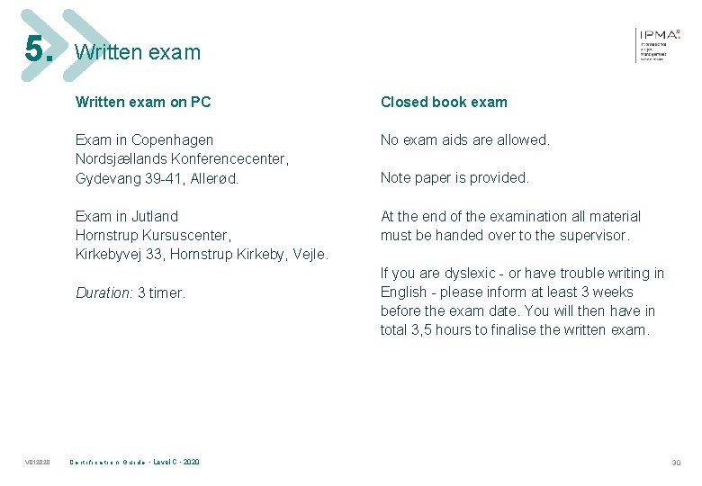 5. Written exam on PC Closed book exam Exam in Copenhagen Nordsjællands Konferencecenter, Gydevang