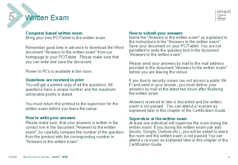 5. Written Exam Computer based written exam Bring your own PC/Tablet to the written