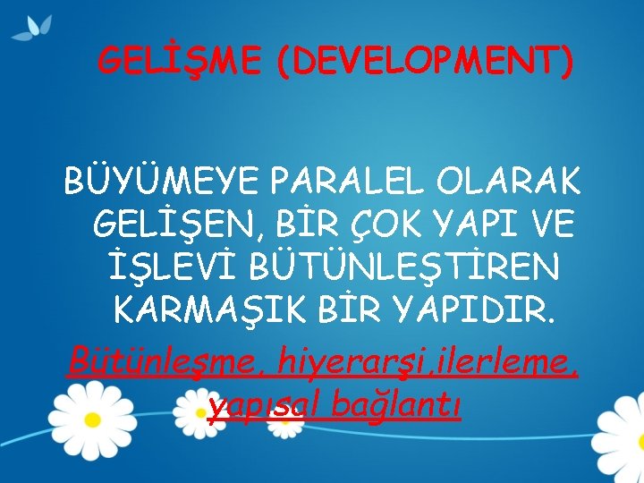 GELİŞME (DEVELOPMENT) BÜYÜMEYE PARALEL OLARAK GELİŞEN, BİR ÇOK YAPI VE İŞLEVİ BÜTÜNLEŞTİREN KARMAŞIK BİR
