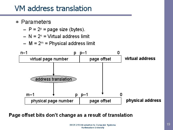 VM address translation Parameters – P = 2 p = page size (bytes). –