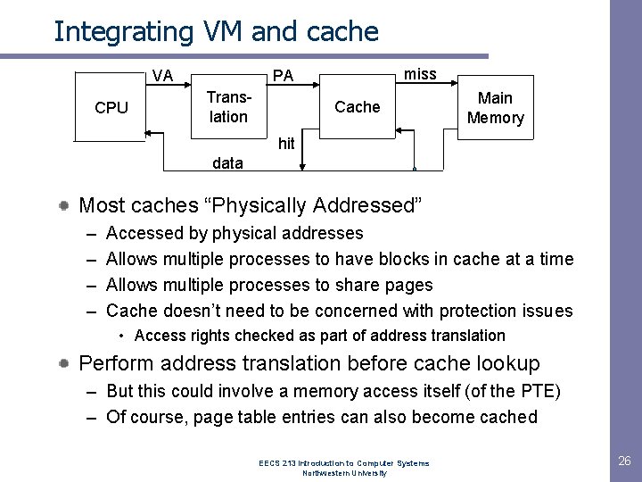 Integrating VM and cache VA CPU miss PA Translation Cache Main Memory hit data